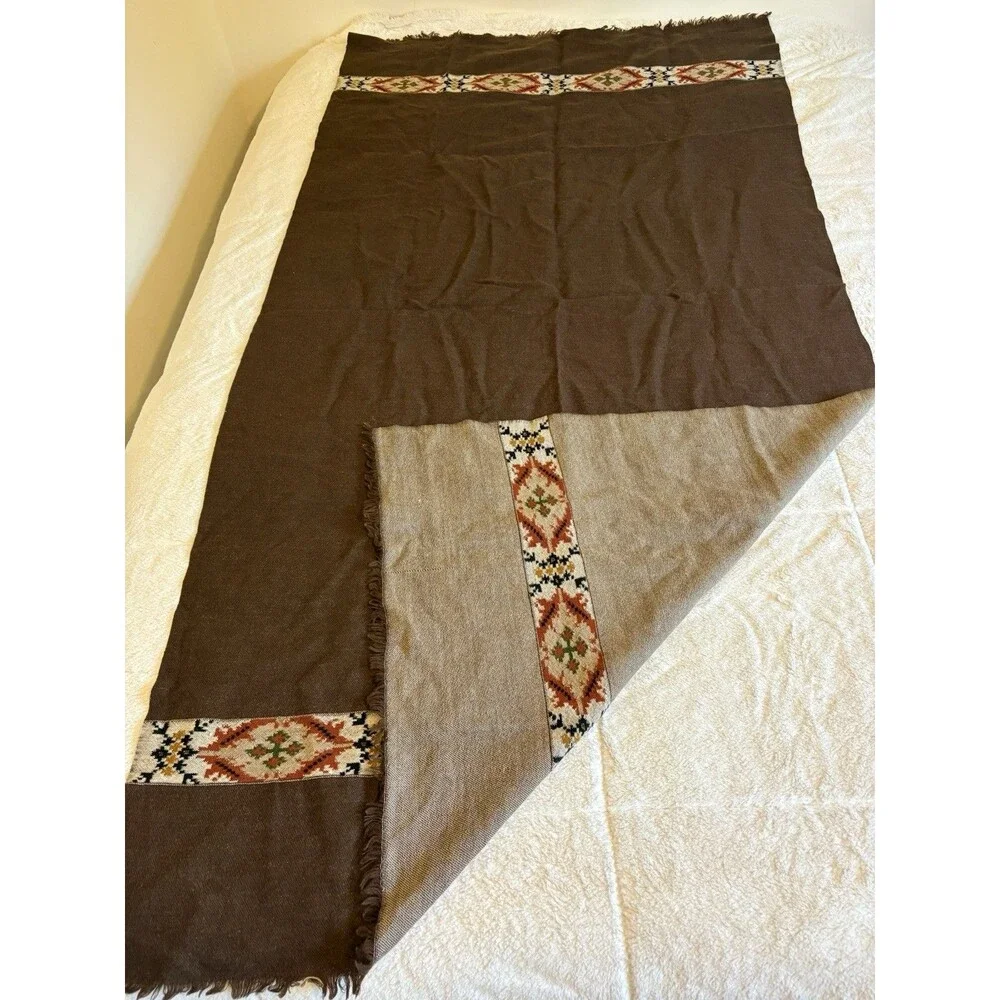 Sanskriti Vintage Long Pure Woollen Brown Woven Kullu Shawl Scarf Throw Stole